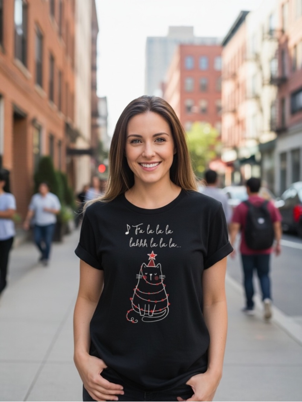 Cat Christmas Holiday CAT Lovers Black Cotton T-Shirt Tee Cotton